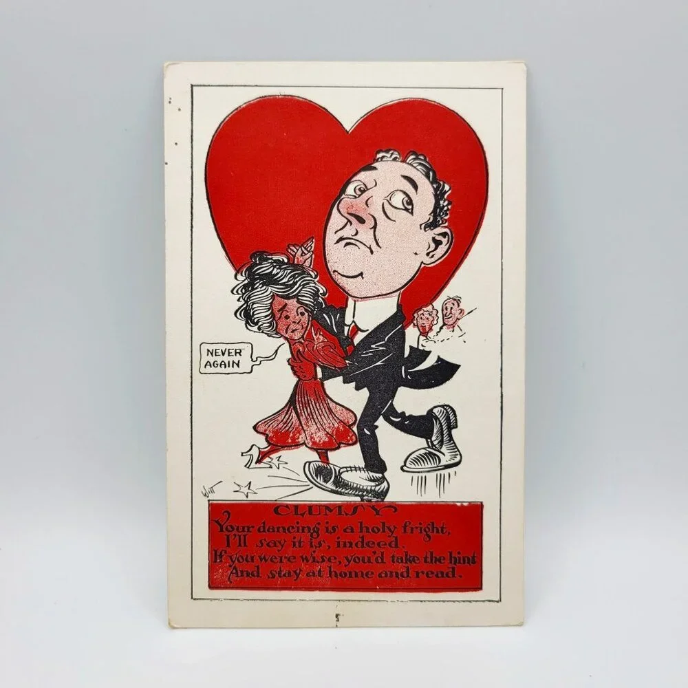Antique‎ Valentine Postcard Clumsy Dancing Humor Red Heart Cartoon Made In USA
